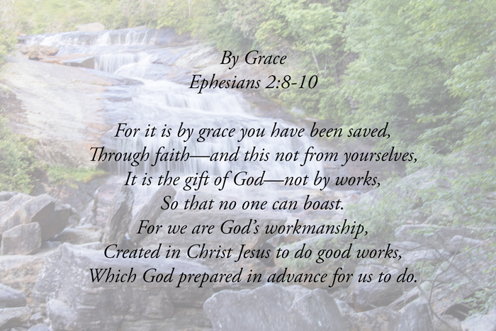 Ephesians 2:8-10 with waterfall in background