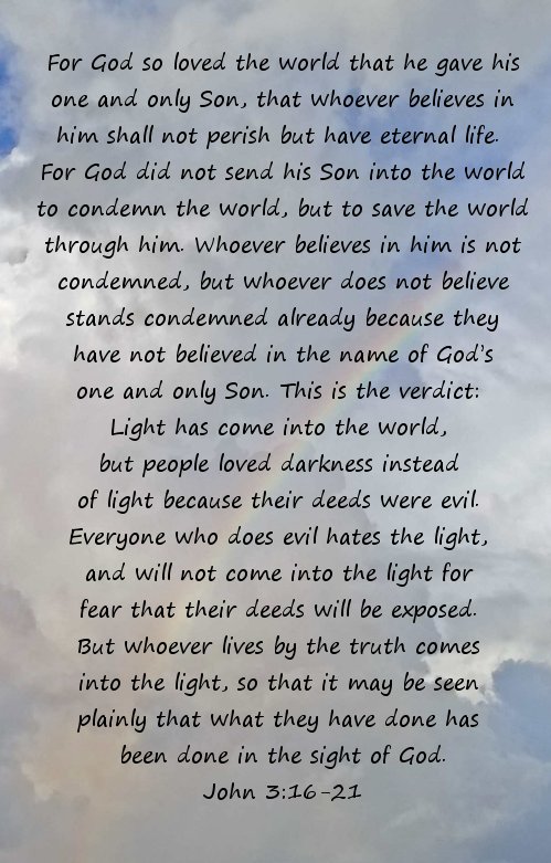 John 3:16-21 with rainbow in the background.