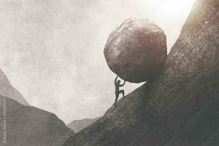 illustration of strong man pushing big rock uphill, surreal concept