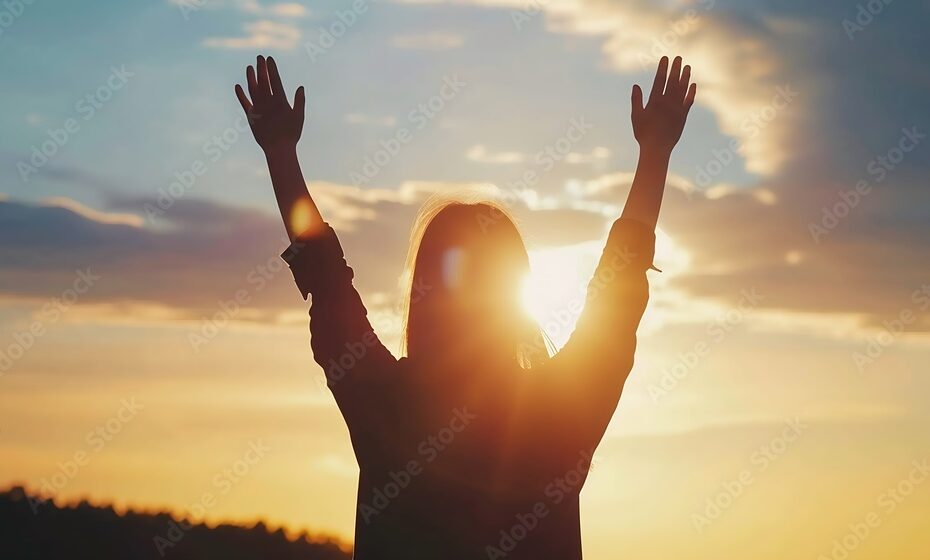 Woman raising his hands in worship Christian Religion concept Silhouette woman on sunrise background Christian female prayers to God in faith Women raise hands in praise with faith and : Generative AI
